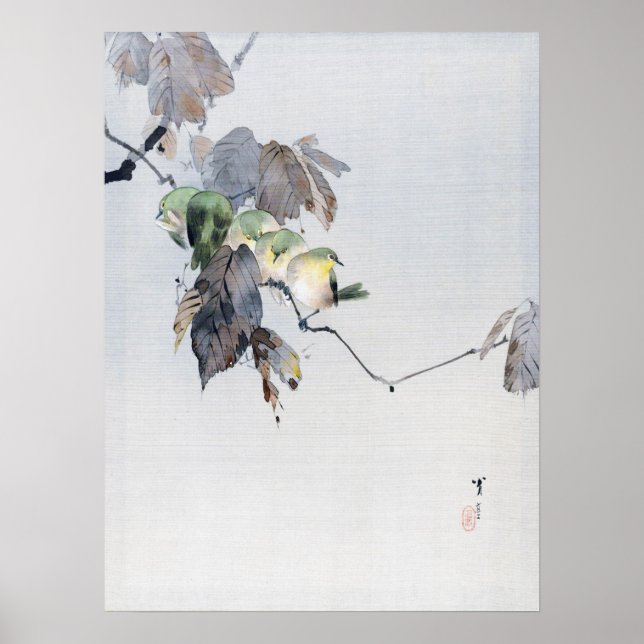 Affiche Oiseaux verts sur une branche, Watanabe Seitei (Devant)