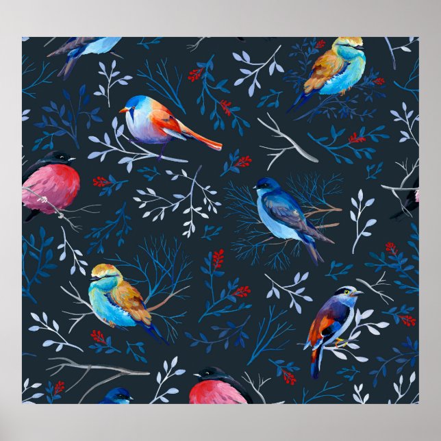 Affiche Oiseaux vibrants : Gouache Dark Elegance (Devant)