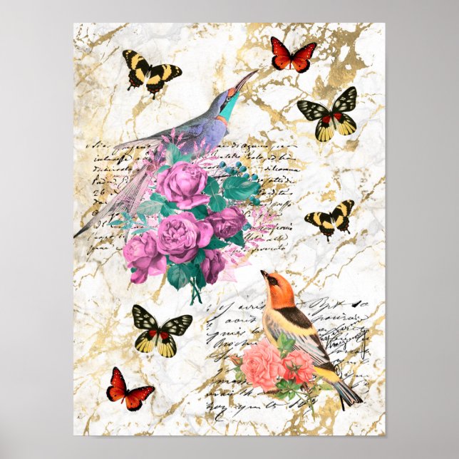 Affiche Oiseaux vintages, Fleurs, Papillons, Lettres (Devant)