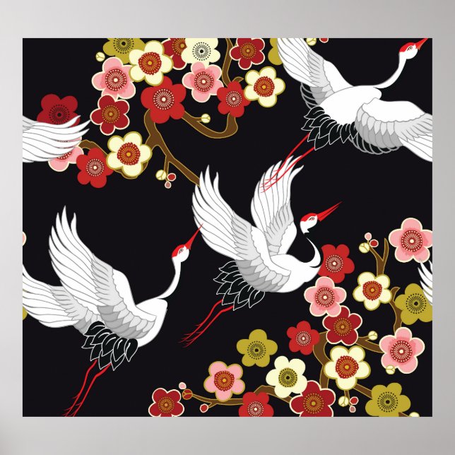 Affiche Oiseaux volants : Heron de grue japonais. (Devant)