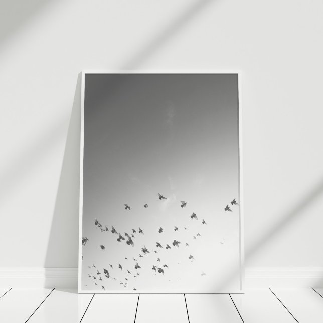 Affiche Oiseaux Volants Imprimer (Black and White Flying Birds Poster Print in a white frame.)