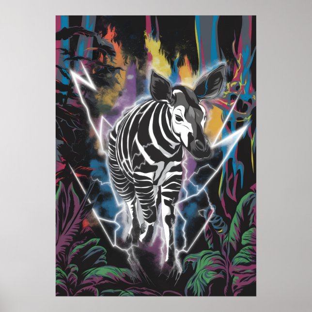 Affiche Okapi dans la jungle électrique avec éclair néon (Devant)