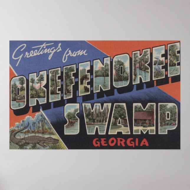 Affiche Okefenokee Marécage, Géorgie - Grandes Lettres Scè (Devant)
