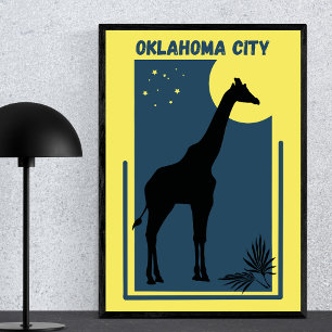 Affiche Oklahoma City Zoo Park Vintage Giraffe Jaune Bleu