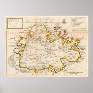 Affiche Old Antigua Map (1736) Vintage Waladli Island Atla