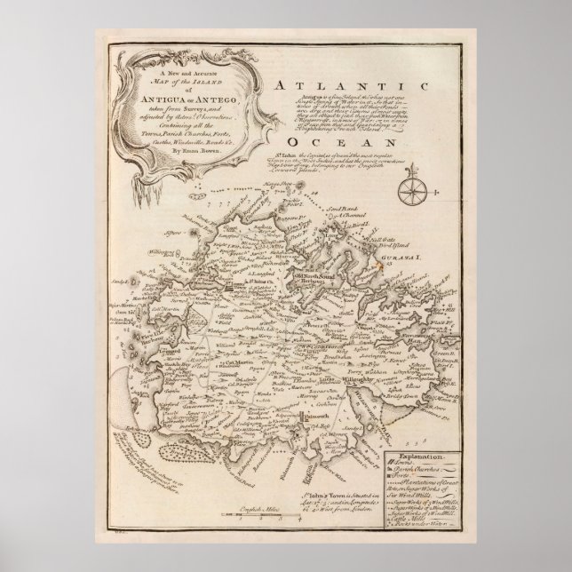 Affiche Old Antigua Map (1747) Vintage Waladli Island (Devant)