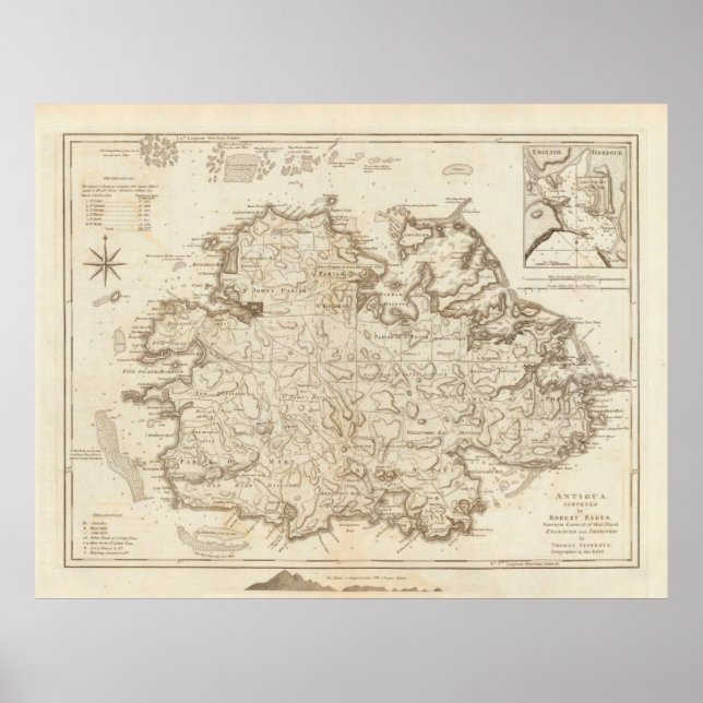 Affiche Old Antigua Map (1775) Vintage Waladli Island (Devant)