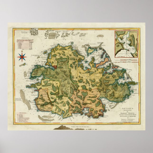 Affiche Old Antigua Map (1794) Vintage Waladli Island (Devant)