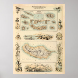 Affiche Old Azores Islands Map (1872) Vintage Portuguese 