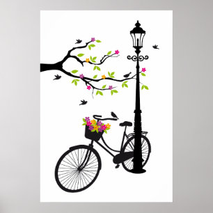 Affiche Old bicycle with lamp, flower basket, birds, tree