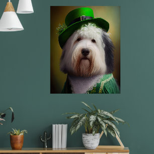 Affiche Old English Sheepdog en tenue de la Saint-Patrick