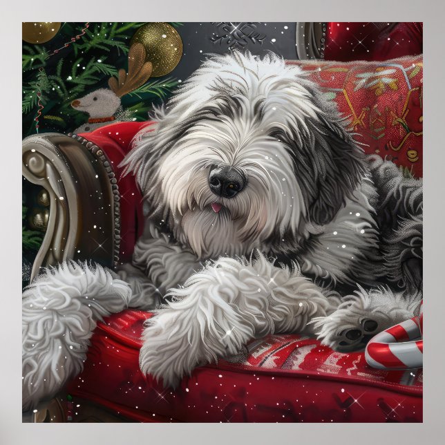 Affiche Old English Sheepdog Festive de Noël (Devant)