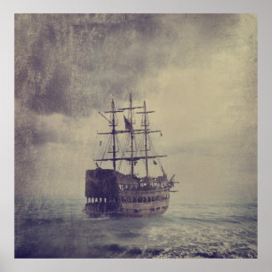 Affiche Old pirate ship in the sea.