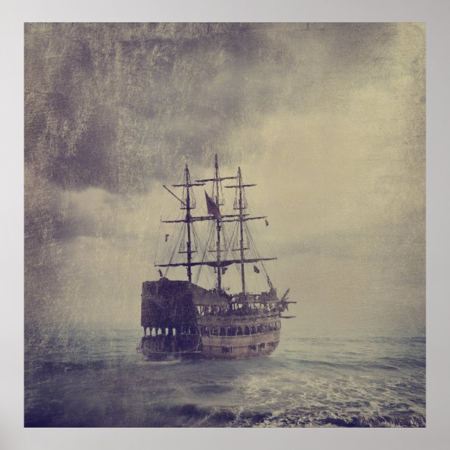 Affiche Old pirate ship in the sea. (Devant)