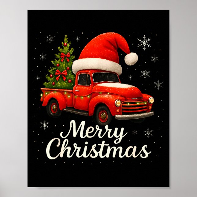Affiche Old Red Truck Santa Hat Xmas Tree Merry Christmas  (Devant)