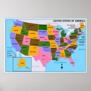 Affiche OLD USA Carte avec Capitales d'Etat et Golfe du Me