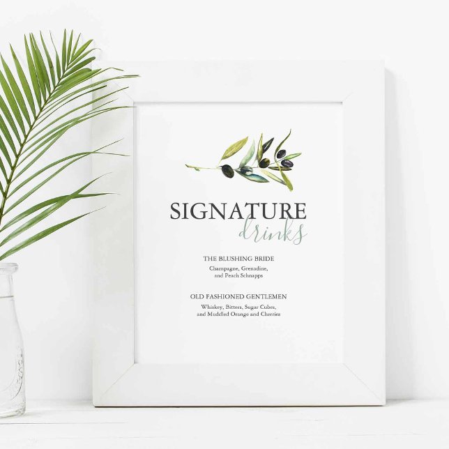 Affiche Olive Branch Signature Drinks Wedding Sign (Olive wedding bar signs with watercolor art by Victoria Grigaliunas of Do Tell A Belle)