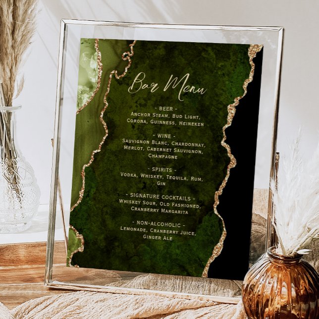 Affiche Olive Green Gold Agate Script Wedding Bar Menu  (Créateur téléchargé)