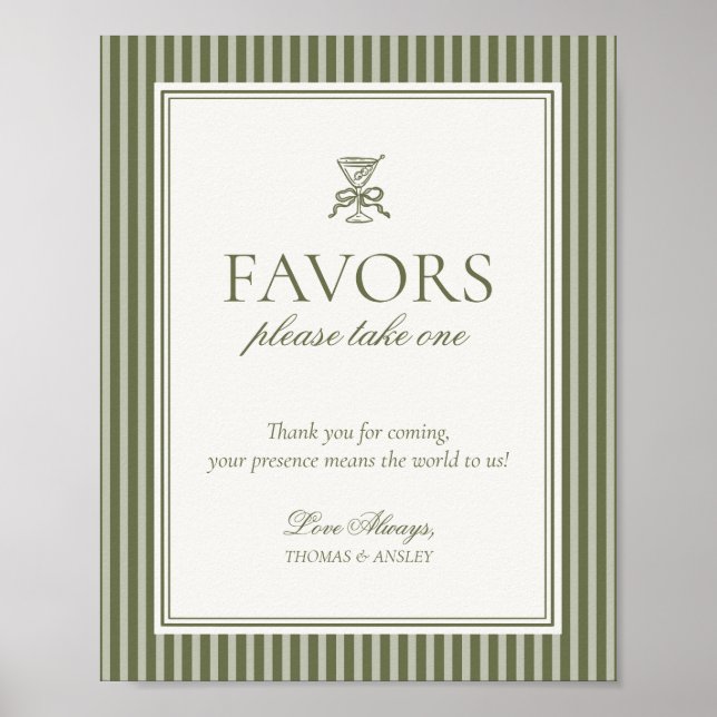 Affiche Olive Martini Green Striped Wedding Favors Sign (Devant)
