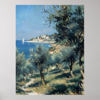 Affiche Oliveraie avec village côtier et mer