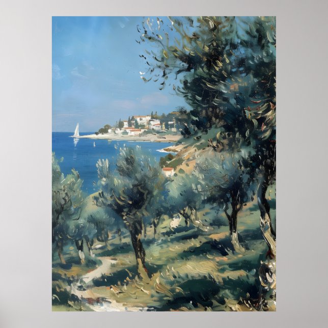 Affiche Oliveraie avec village côtier et mer (Devant)