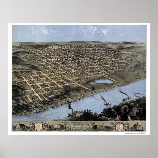 Affiche Omaha, NE Carte panoramique - 1868 (Devant)