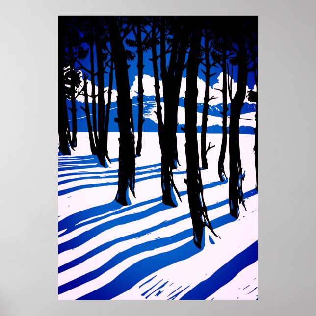 Affiche Ombres de Forêt d'Hiver – Nature Minimale Bleue (Devant)