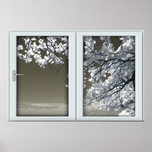 Affiche Omins fleurs d'arbre blanc Faux fenêtre Illusion