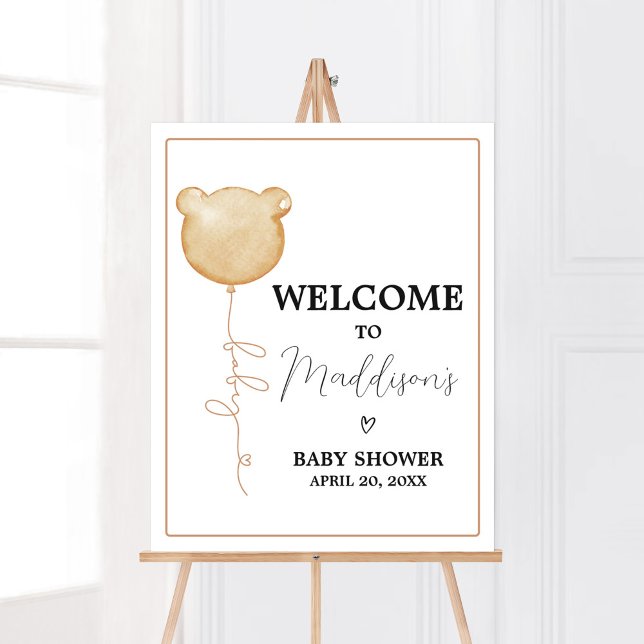Affiche On Peut Attendre Brown Balloon Bébé Bienvenue (Gender Neutral Minimalist Bear Baby Shower Welcome Sign)