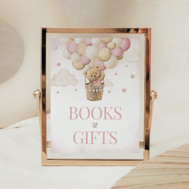 Affiche On peut attendre des livres et des cadeaux d'ours  (Girl Teddy Bear Balloon Baby Shower Books and Gifts Sign)