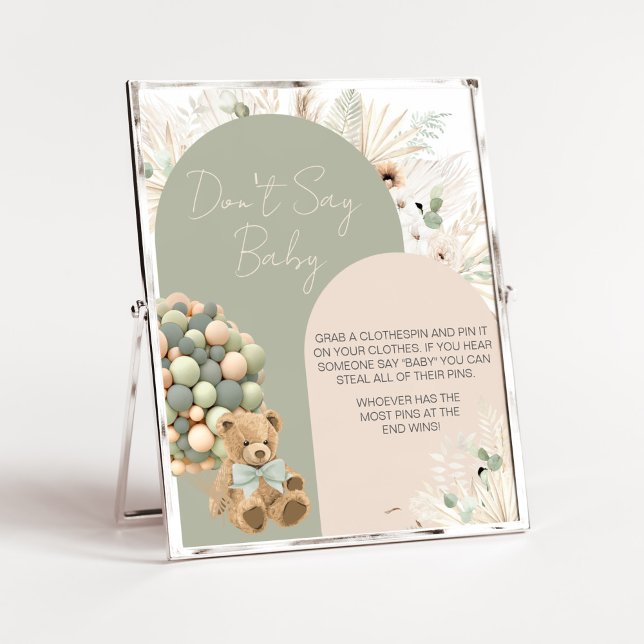 Affiche On peut attendre Green Ne pas dire Baby (Green Boho Teddy Bear Baby Shower Don't Say Baby Sign)
