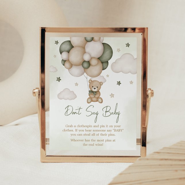 Affiche On peut attendre le Boho Vert ne pas dire bébé (Green Boho Teddy Bear Baby Shower Don't Say Baby Sign)