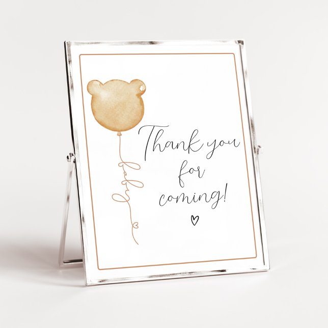Affiche On peut attendre le Merci Brown pour venir (Gender Neutral Minimalist Bear Baby Shower Thank you for Coming Sign)