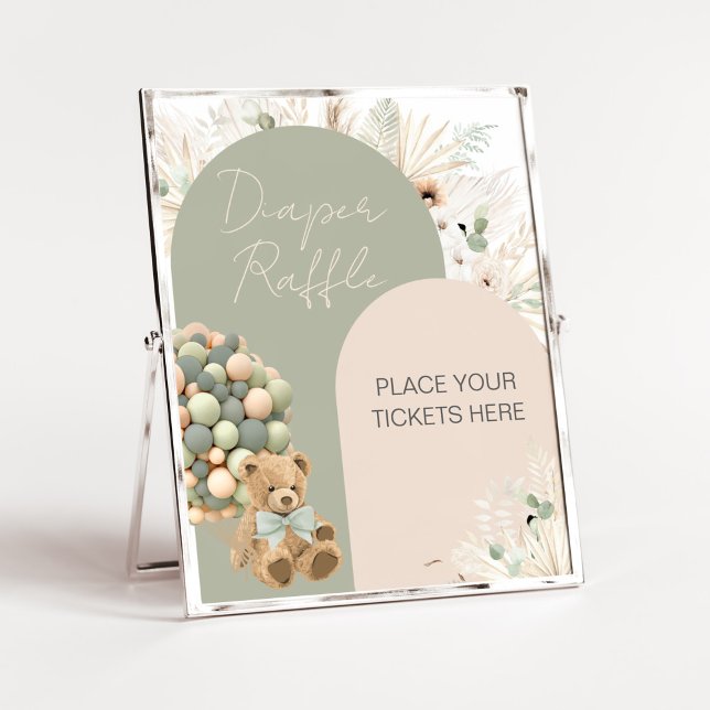 Affiche On Peut Attendre Le Raffin De Baby shower Vert (Green Boho Teddy Bear Baby Shower Diaper Raffle Sign)