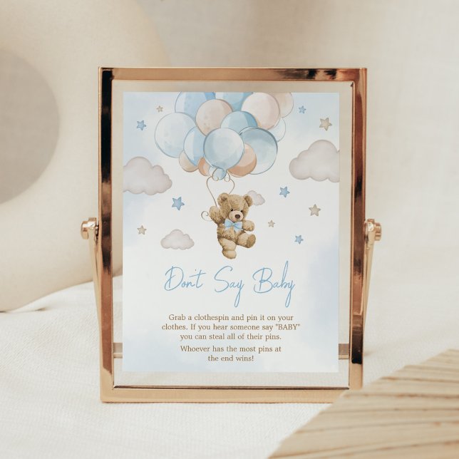 Affiche On peut attendre l'ours Balloon Ne pas dire bébé (Teddy Bear Balloon Baby Shower Don't Say Baby Sign)