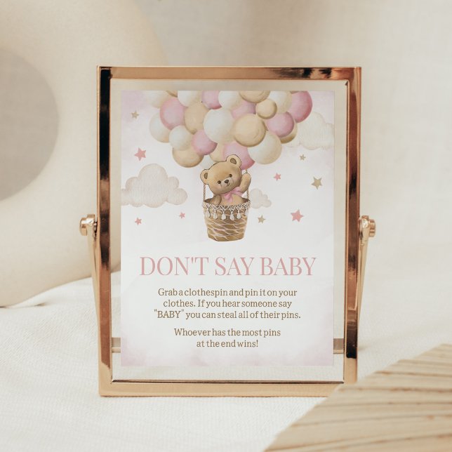Affiche On peut attendre l'ours rose Ne pas dire bébé (Girl Teddy Bear Balloon Baby Shower Don't Say Baby Sign)