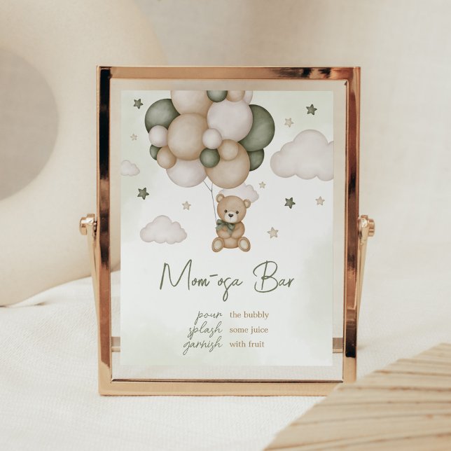 Affiche On Peut Attendre Vert Boho Maman Osa Bar (Green Boho Teddy Bear Baby Shower Mom Osa Bar Sign)
