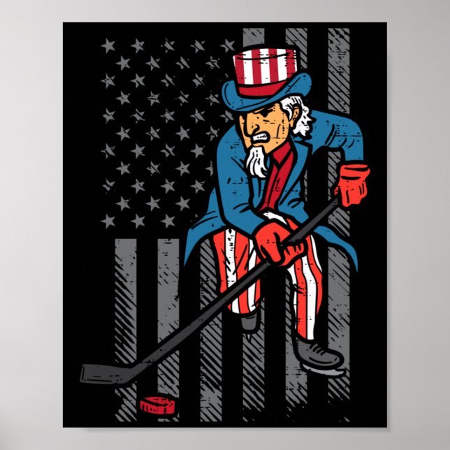 Affiche Oncle Sam de hockey sur glace du 4 juillet Drapeau (Devant)
