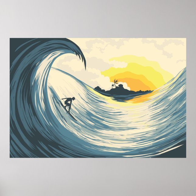 Affiche Onde tropicale et surfer au coucher du soleil (Devant)