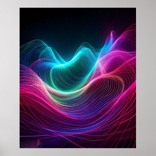 Affiche Ondes néon sur de l'art numérique abstrait sombre (Devant)