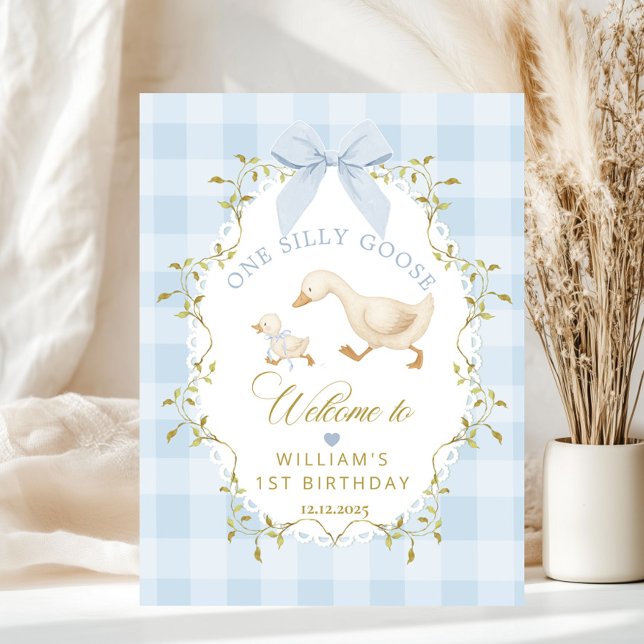 Affiche One Silly Goose Blue Gingham Birthday Welcome (Créateur téléchargé)