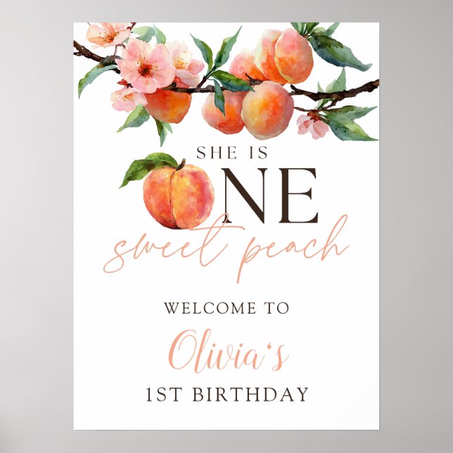 Affiche One Sweet Peach 1st Birthday Welcome Sign (Devant)