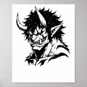 Affiche Oni Yokai Japonais Sticker Portrait Outline