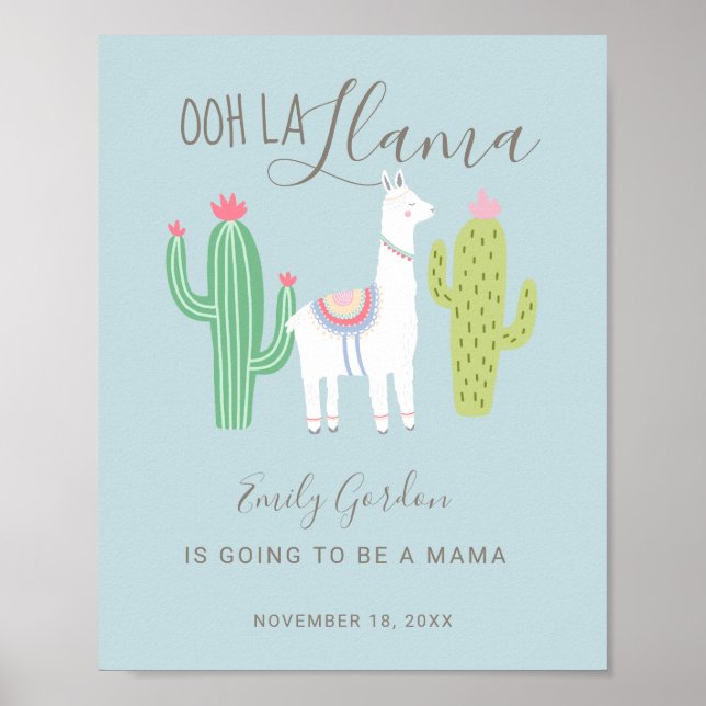 Affiche Ooh La Llama Baby Shower cute baby boy blue (Devant)