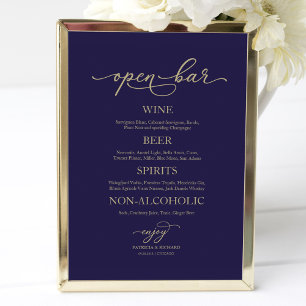 Affiche Open Bar Elegant Gold Navy Mariage bleu