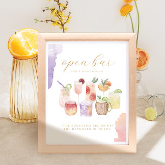 Affiche Open Bar Watercolor Citrus Cocktails Mariage Boiss