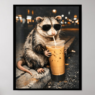 Affiche Opossum Buvant du Café Glacé Mème Drôle d'Animal p