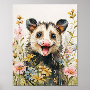 Affiche Opossum drôle en Fleurs - Style Aquarelle