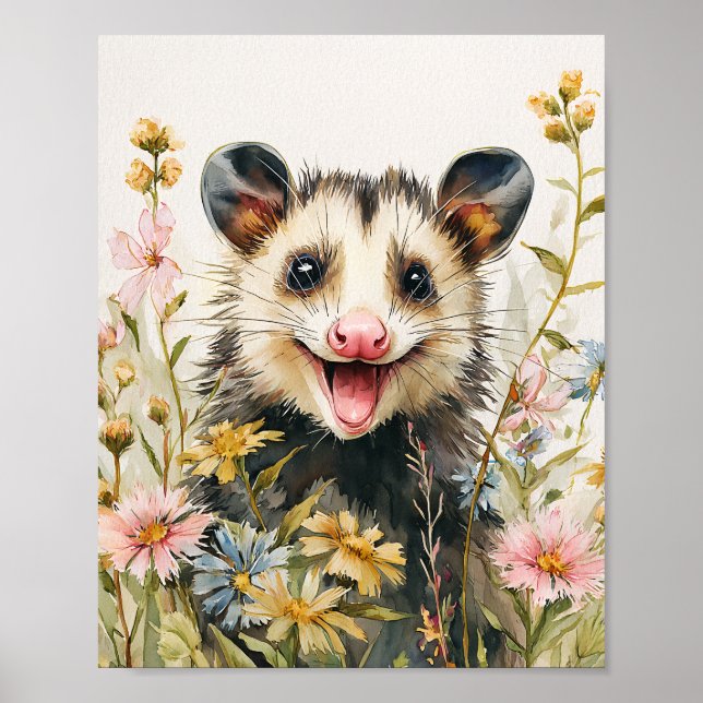 Affiche Opossum drôle en Fleurs - Style Aquarelle (Devant)