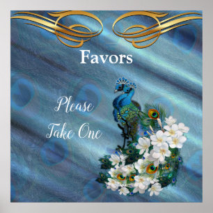 Affiche Or, 2 Peacocks sur la soie verte Emeraude